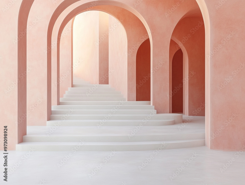 Stunning architectural interior with soft peach arches and elegant stairways, creating a serene and modern atmosphere. Stunning architectural interior with soft peach arches and elegant stairways, creating a serene and modern atmosphere.