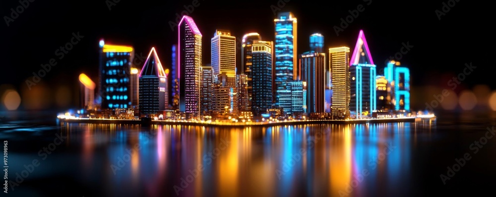 Obraz premium A futuristic neon cityscape at night, where all the buildings and streets are lit up in bright, glowing colors, giving a sense of energy and excitement,