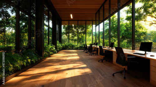 Spacious office with large windows  surrounded by lush greenery  creating a serene and productive workspace atmosphere.