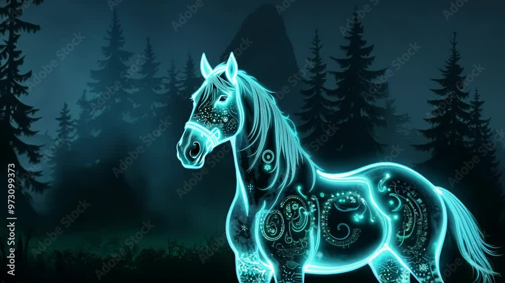 A mesmerizing fantasy horse stands in a dark forest, glowing with ...