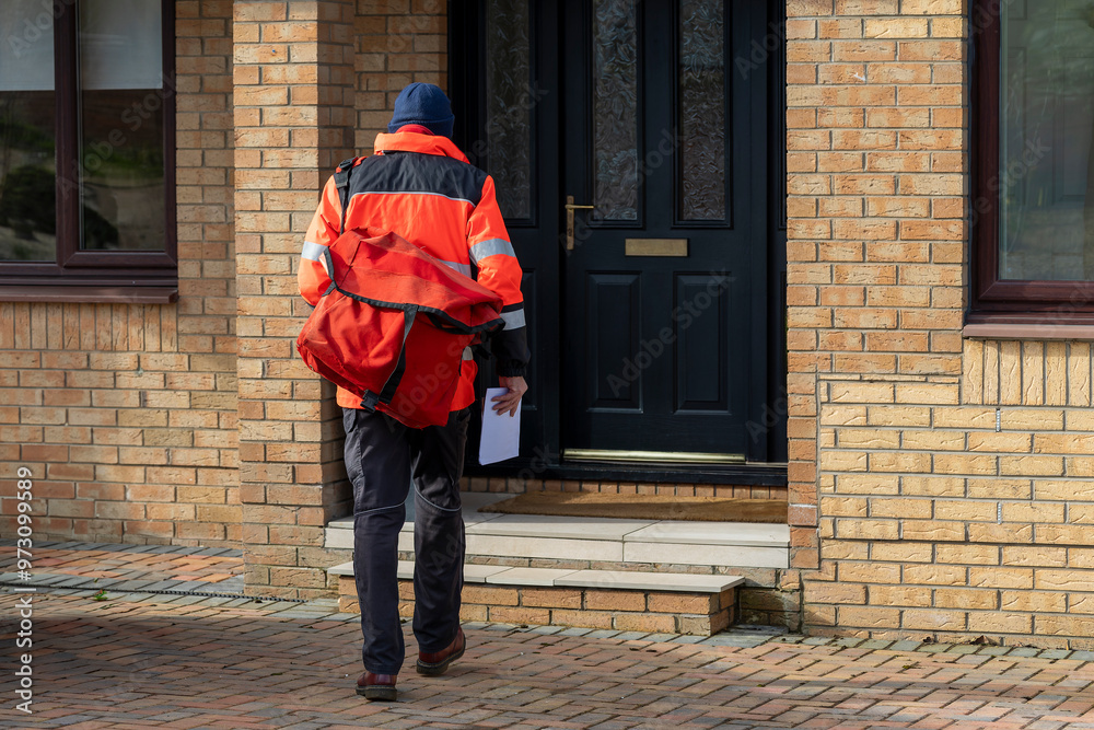 Postman or Mailman in UK posting mail through the letter or mailbox of a house front door Postman or Mailman in UK posting mail through the letter or mailbox of a house front door
