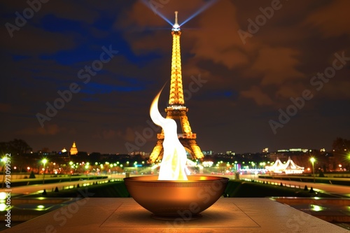 Eiffel Tower at Champ de Mars - Palais de Chaillot in the background. Beautiful simple AI generated image photo