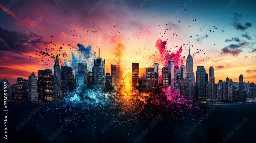 Fototapeta premium An image of a city skyline at sunset, with the sky ablaze in shades of orange, pink, and purple, reflecting off the buildings to create a vibrant and captivating scene,
