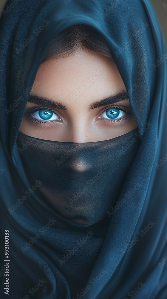 Piercing blue eyes gaze intently from beneath a teal hijab, the face partially obscured by a matching veil, creating an air of mystery and cultural elegance. Piercing blue eyes gaze intently from beneath a teal hijab, the face partially obscured by a matching veil, creating an air of mystery and cultural elegance.