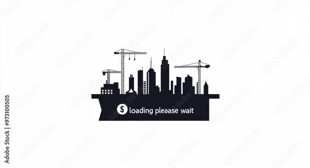 Construction-themed loading screen with cityscape and crane icon Construction-themed loading screen with cityscape and crane icon