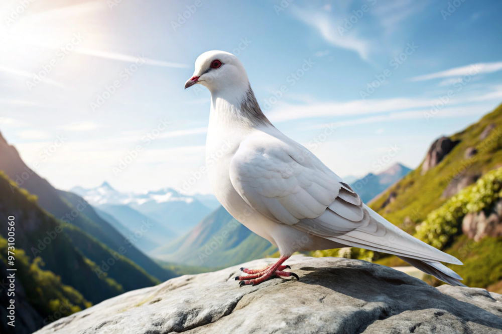White Dove Perched on a Mountaintop with a Mountain Range in the Background White Dove Perched on a Mountaintop with a Mountain Range in the Background