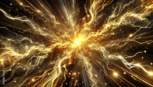 中央から放射する黄金の稲妻. Golden Lightning Radiating from the Center. AI generated.