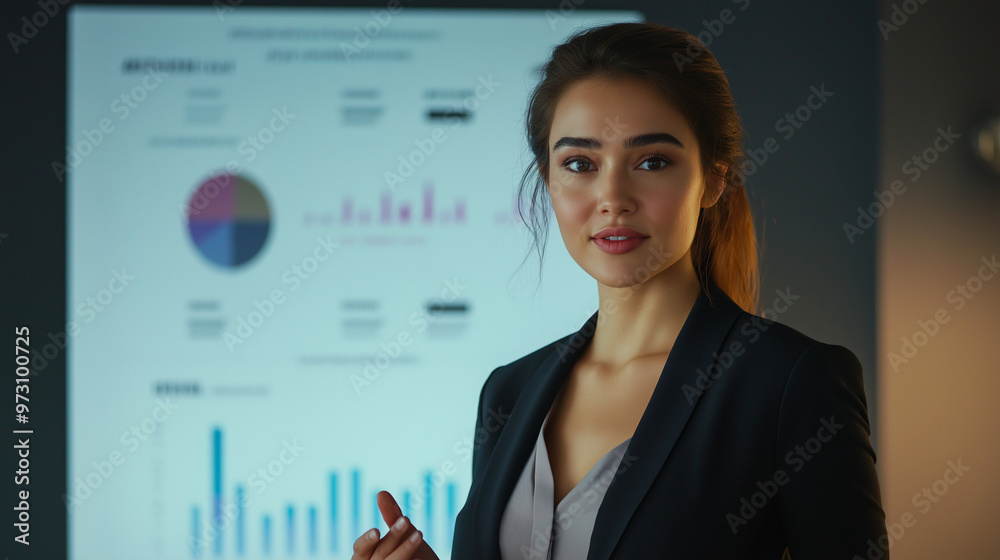 portrait of a young female employee giving presentation, graphs on the screen, business concept portrait of a young female employee giving presentation, graphs on the screen, business concept