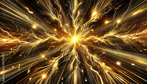 中央から放射する黄金の稲妻. Golden Lightning Radiating from the Center. AI generated.
