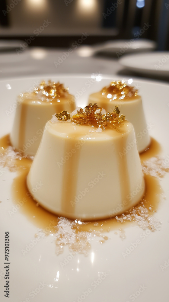 Miso Caramel Panna Cotta with sea salt and edible gold leaf Miso Caramel Panna Cotta with sea salt and edible gold leaf