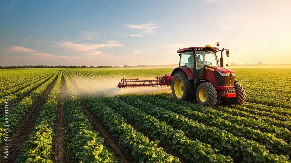 Modern tractors spray crops on large farmlands Modern tractors spray crops on large farmlands