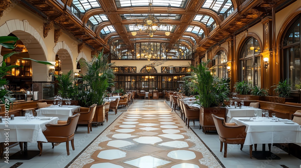 Naklejka premium Elegant restaurant interior featuring decorative architecture and inviting atmosphere with lush plants and beautifully set tables.