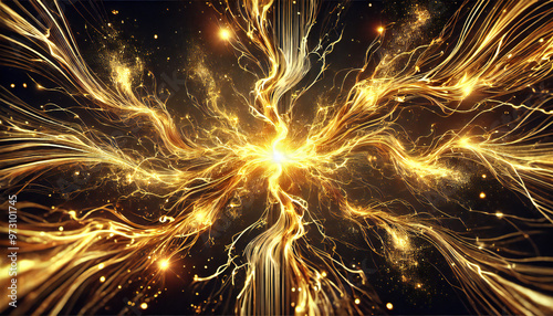 中央から放射する黄金の稲妻. Golden Lightning Radiating from the Center. AI generated.
