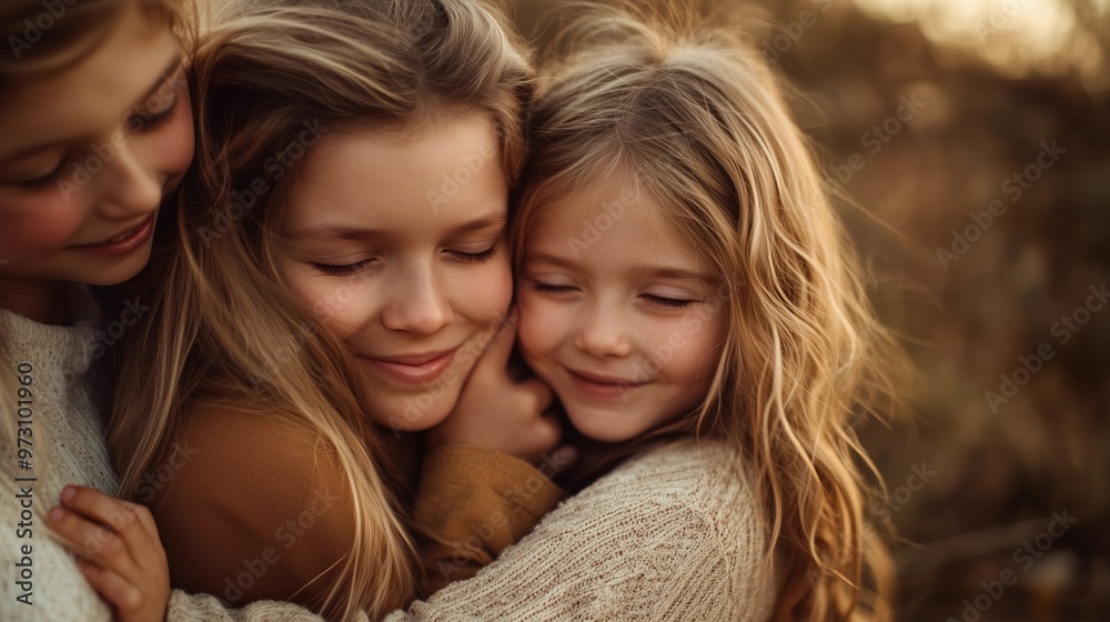 Three sisters embrace outdoors in the golden hour, capturing a moment of joy and connection in a serene natural setting Three sisters embrace outdoors in the golden hour, capturing a moment of joy and connection in a serene natural setting