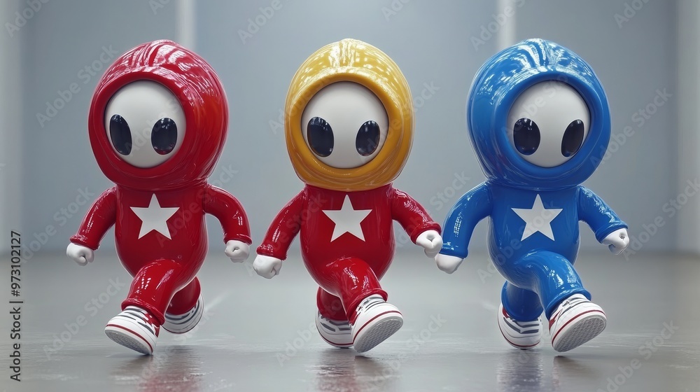 Colorful toy figures in vibrant outfits walking together, showcasing playful design and charm for children's illustrations. Colorful toy figures in vibrant outfits walking together, showcasing playful design and charm for children's illustrations.