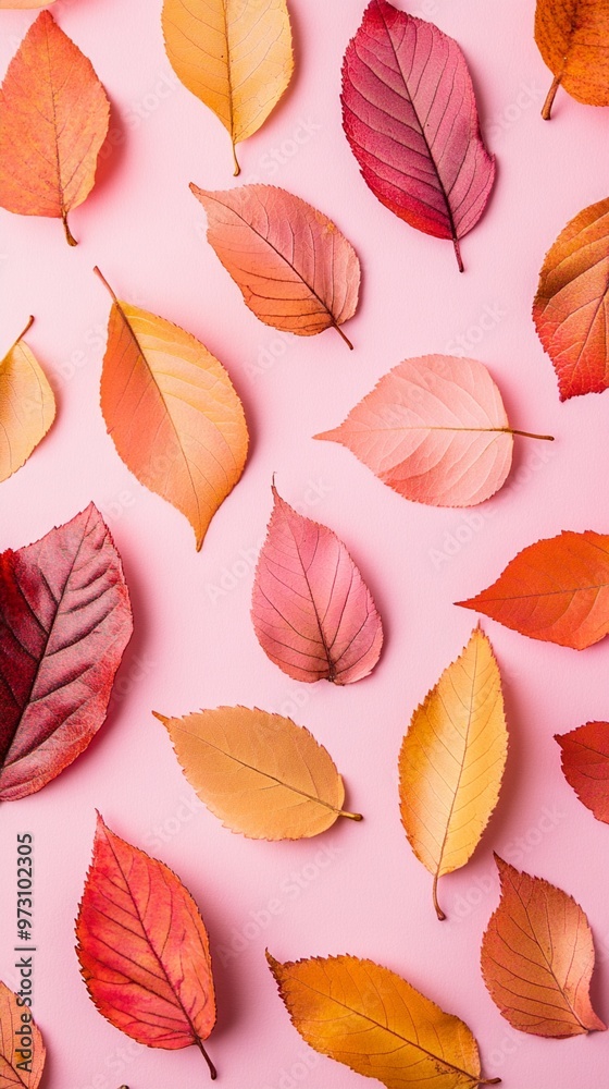 Vibrant autumn leaves in shades of red, orange, and yellow scattered on a soft pink background, creating a warm and inviting seasonal flat lay composition. Vibrant autumn leaves in shades of red, orange, and yellow scattered on a soft pink background, creating a warm and inviting seasonal flat lay composition.