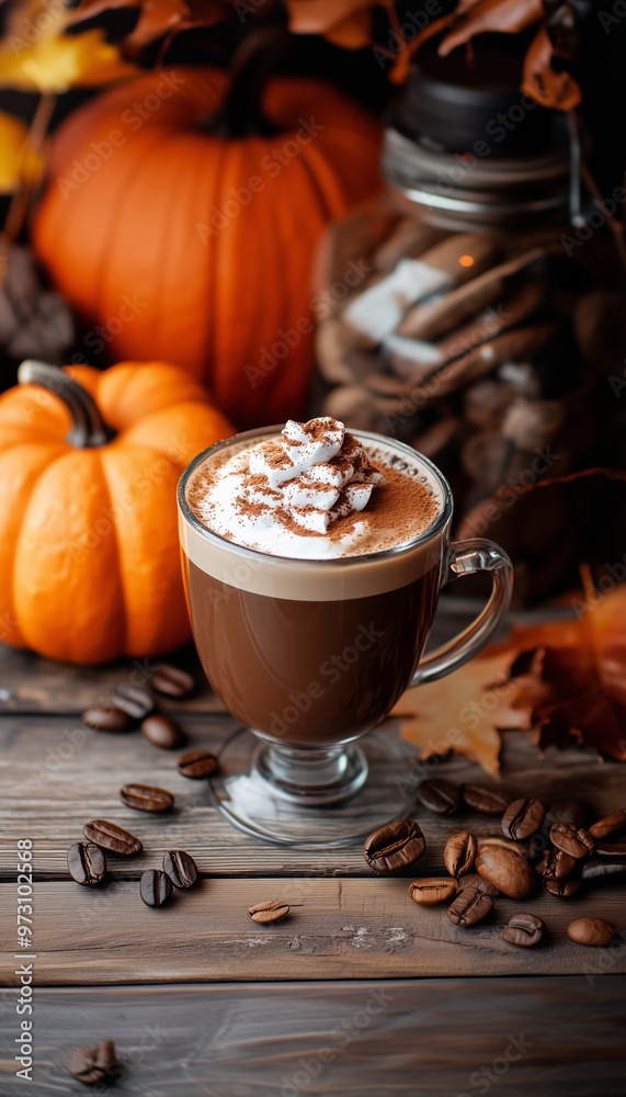 Warm beverages with autumnal decorations in the background, featuring Pumpkin Orange, Creamy White, and Espresso Brown tones. A cozy fall setting with rich seasonal colors. Warm beverages with autumnal decorations in the background, featuring Pumpkin Orange, Creamy White, and Espresso Brown tones. A cozy fall setting with rich seasonal colors.