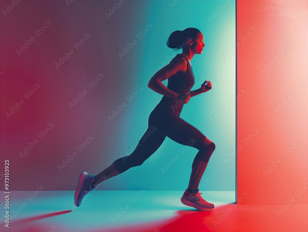 A young woman runs in a studio with vibrant blue and red lighting. A young woman runs in a studio with vibrant blue and red lighting.