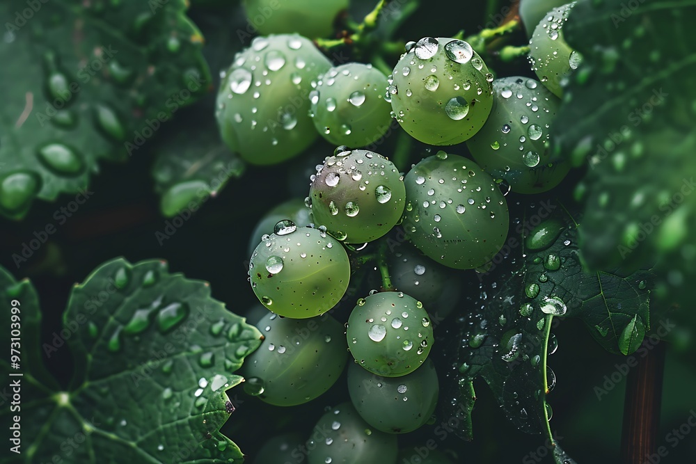 A bunch of green grapes with water droplets on them A bunch of green grapes with water droplets on them