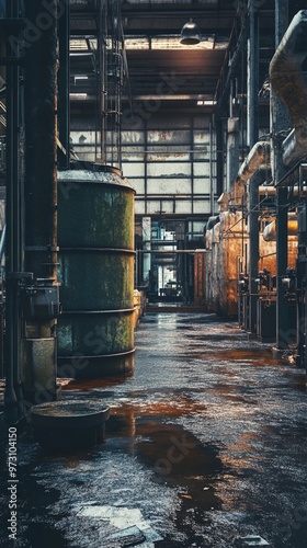 Wallpaper Mural Abandoned industrial warehouse interior with rusted machinery and barrels, reflecting a haunting atmosphere of decay and neglect in dim lighting. Torontodigital.ca