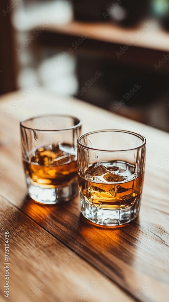 Two glasses of amber-colored whiskey with ice cubes sit on a wooden surface, their rich hues catching the light in a cozy, dimly lit setting. Two glasses of amber-colored whiskey with ice cubes sit on a wooden surface, their rich hues catching the light in a cozy, dimly lit setting.