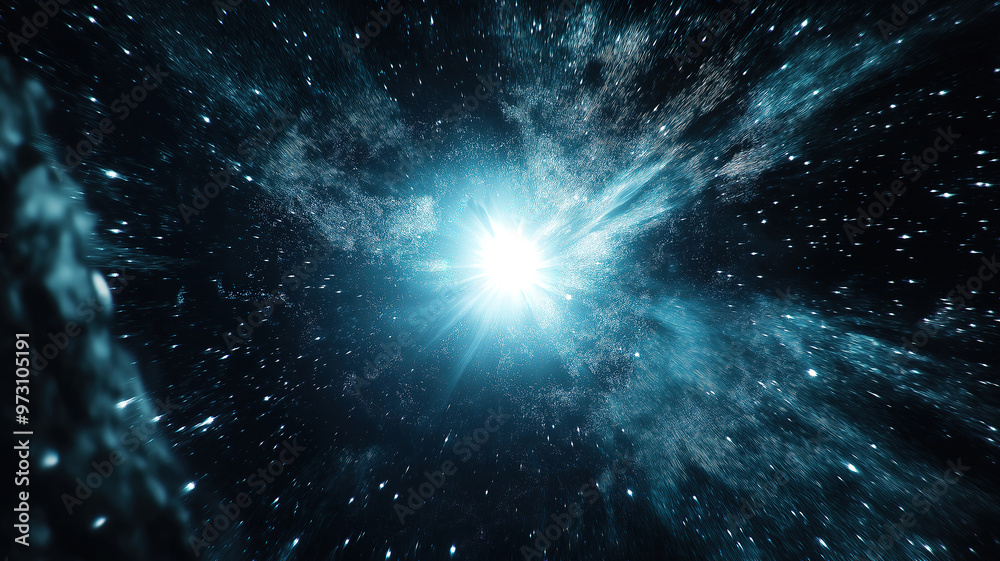 Fototapeta premium Central Starburst Lighting Up Dark Starry Space Scene