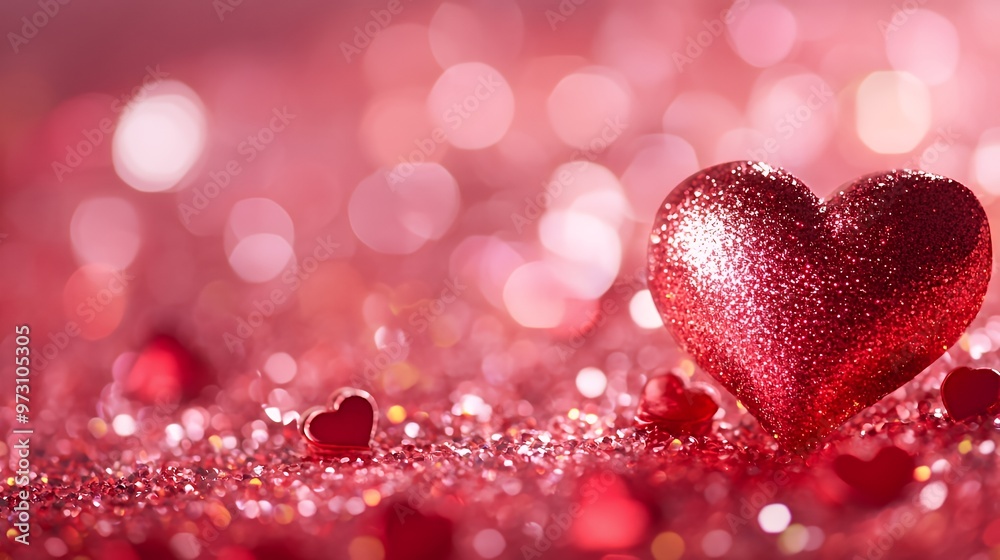 A large red glitter heart sits on a bed of red glitter with a pink bokeh background. A large red glitter heart sits on a bed of red glitter with a pink bokeh background.