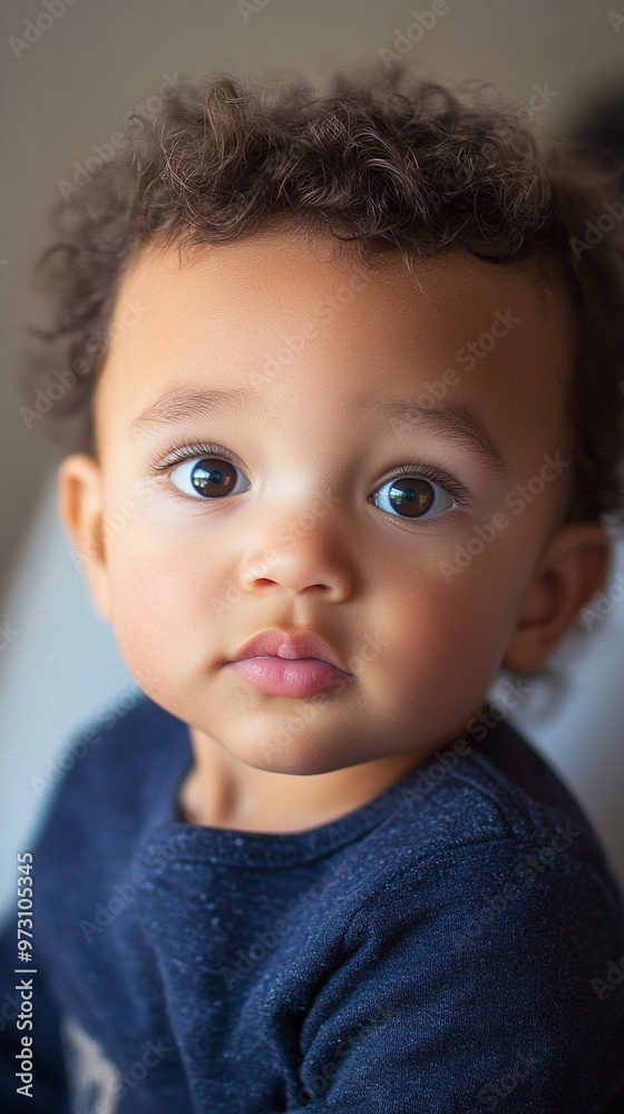 Close-up portrait of an adorable toddler with curly hair and striking blue eyes, wearing a navy sweater, gazing intently at the camera with a soft expression. Close-up portrait of an adorable toddler with curly hair and striking blue eyes, wearing a navy sweater, gazing intently at the camera with a soft expression.