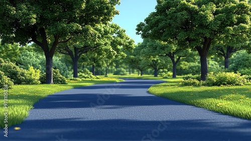 A serene road bordered by lush green trees, inviting exploration and tranquility in a peaceful natural setting.