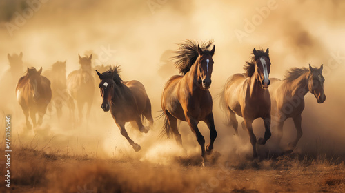 A herd of horses running through a dry prairie with a dust storm in the background. Wild horse galloping on the desert.