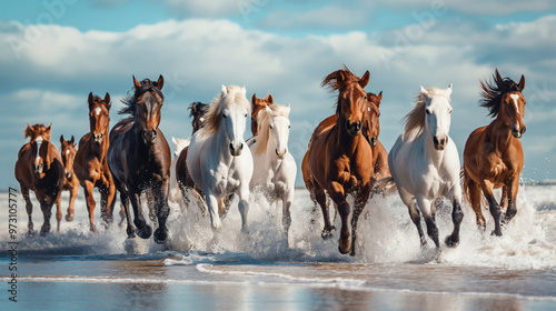 A large herd of horses running on the sandy beach. Wild horse galloping through the water on seashore.