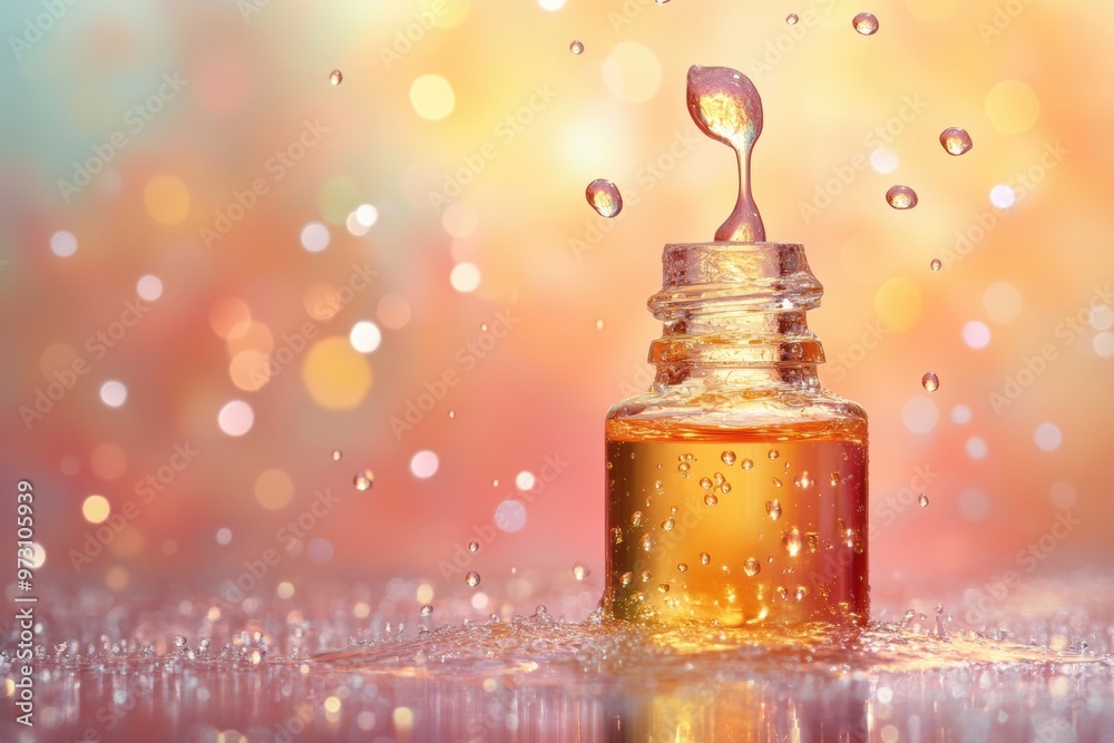 vivid oil droplets dripping into a bottle, showcasing natural oil cleanser beauty concept background vivid oil droplets dripping into a bottle, showcasing natural oil cleanser beauty concept background