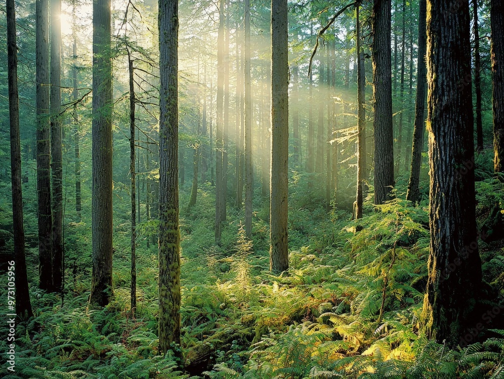 Obraz premium A dense forest with sunlight filtering through the tall trees, casting dappled shadows on the forest floor covered in ferns and moss