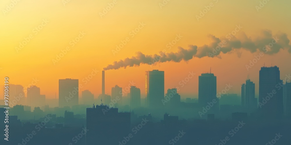 Fototapeta premium A hazy skyline at sunset, featuring buildings silhouetted against a colorful sky and smoke rising from a chimney.