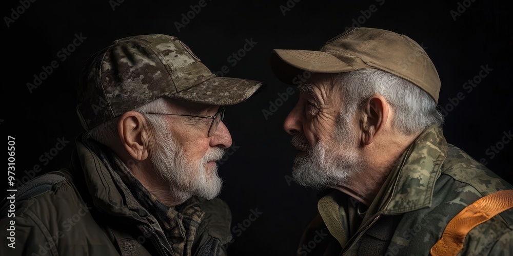 Fototapeta premium Two elderly men in hats sharing a thoughtful moment, showcasing a deep connection and wisdom in their expressions under soft lighting.