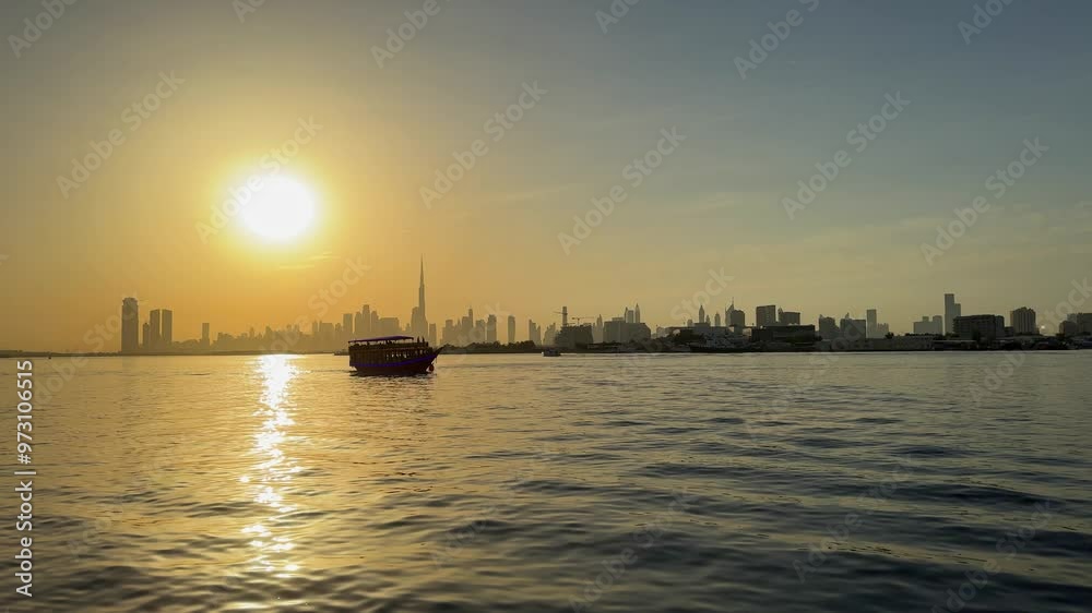 sunset view of Dubai Downtown cityline from Dubai Creek harbour sunset view of Dubai Downtown cityline from Dubai Creek harbour