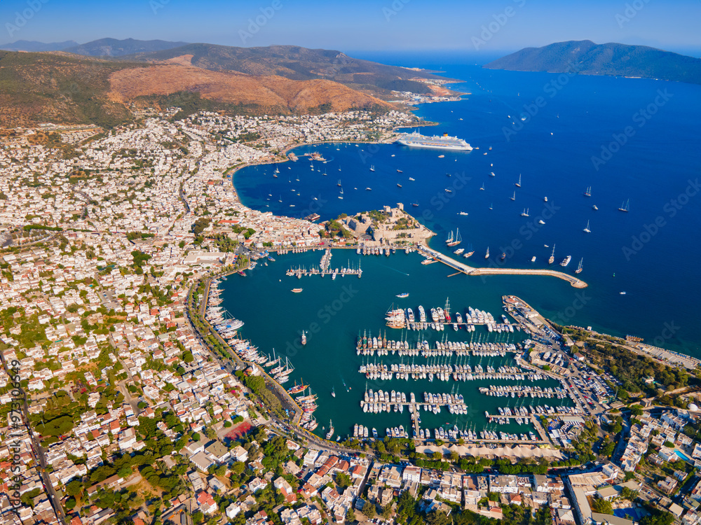 Bodrum beach and marina aerial panoramic view in Turkey