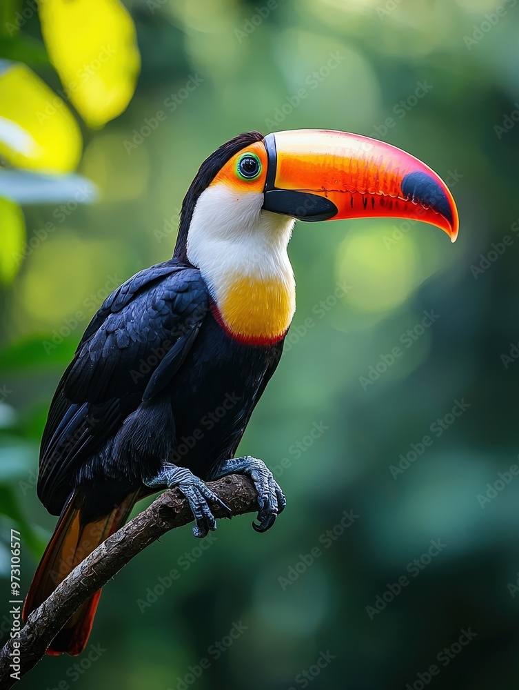 Obraz premium Vibrant Toucan Perched on Branch in Lush Tropical Forest - Exotic Birds and Wildlife in Natural Habitat