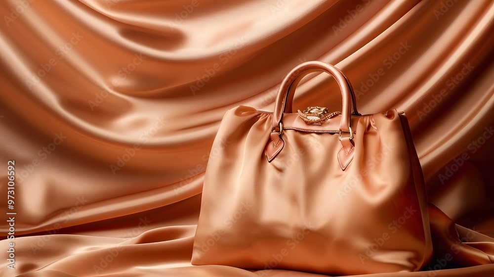 Naklejka premium Luxury Handbag with Silk Fabric: A luxury handbag with flowing silk fabric in the background.