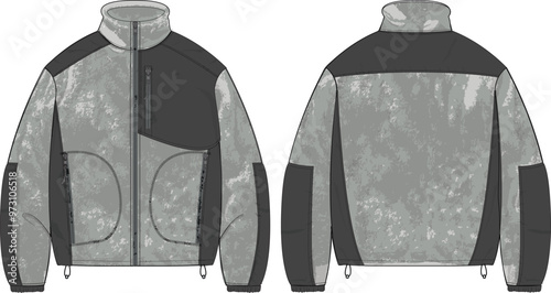 Full Zip Polar Fleece Jacket design vector flat sketch fashion illustration CAD template front and back views	