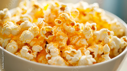 Cheesy popcorn bursting with flavor, coated in a generous layer of cheddar powder, creating a sharp photo