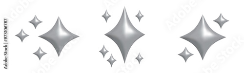 Shining silver stars emoji set.3d style gray metallic star icon,twinkle social media platform symbol on transparent background. Vector illustration EPS 10