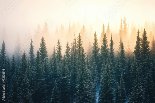 A stunning winter landscape during sunset where a dense forest of vibrant green pine trees with generative ai