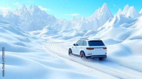 A white SUV driving through a snowy landscape with mountains in the background, showcasing winter adventure and exploration.