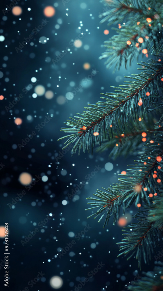 Snow-covered pine tree branch with festive Christmas bokeh background Snow-covered pine tree branch with festive Christmas bokeh background