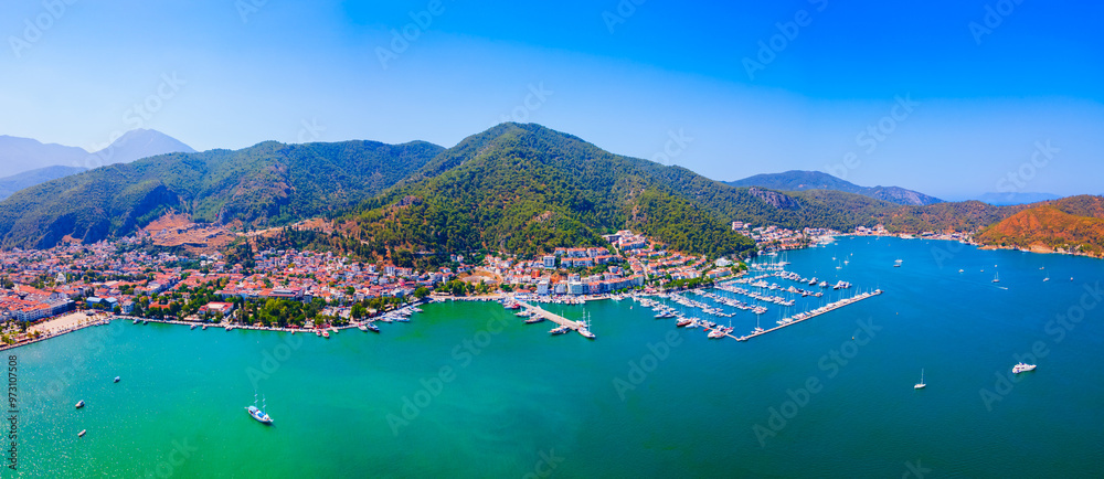 Fototapeta premium Fethiye city and port aerial panoramic view in Turkey