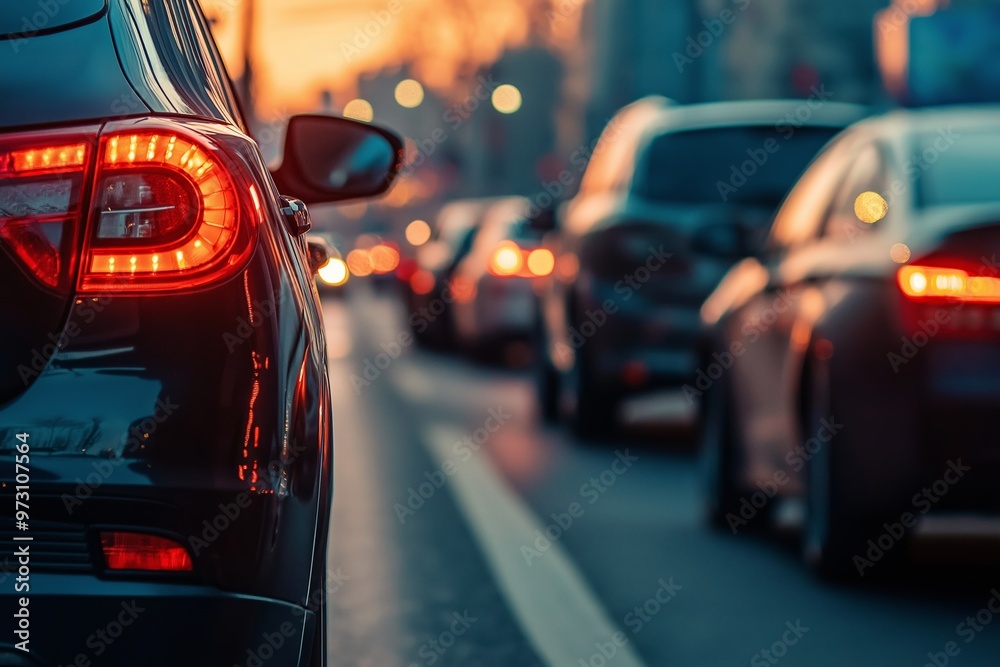 Rear view of cars with brake lights illuminated, stacked in traffic during the twilight hours on a busy city street. Rear view of cars with brake lights illuminated, stacked in traffic during the twilight hours on a busy city street.