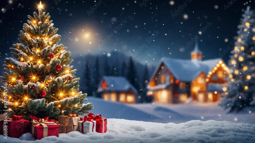 Beautifully decorated Christmas tree with blue and gold ornaments in a snowy winter landscape. Beautifully decorated Christmas tree with blue and gold ornaments in a snowy winter landscape.