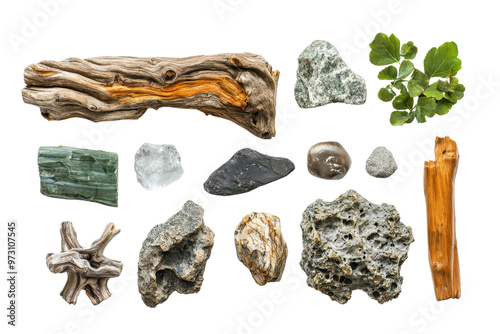 A collection of natural materials including various rocks, minerals, wood, and leaves, isolated on a transparent background. photo