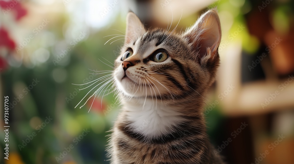 A curious tabby kitten gazes upward amidst a garden of vibrant flowers and greenery in the afternoon sunlight A curious tabby kitten gazes upward amidst a garden of vibrant flowers and greenery in the afternoon sunlight